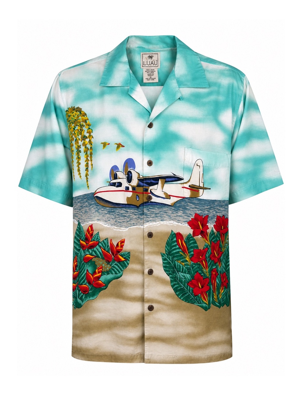 Luau Men's Vintage Hawaiian Shirt Teal Aqua Seaplane Tropical Large Beach